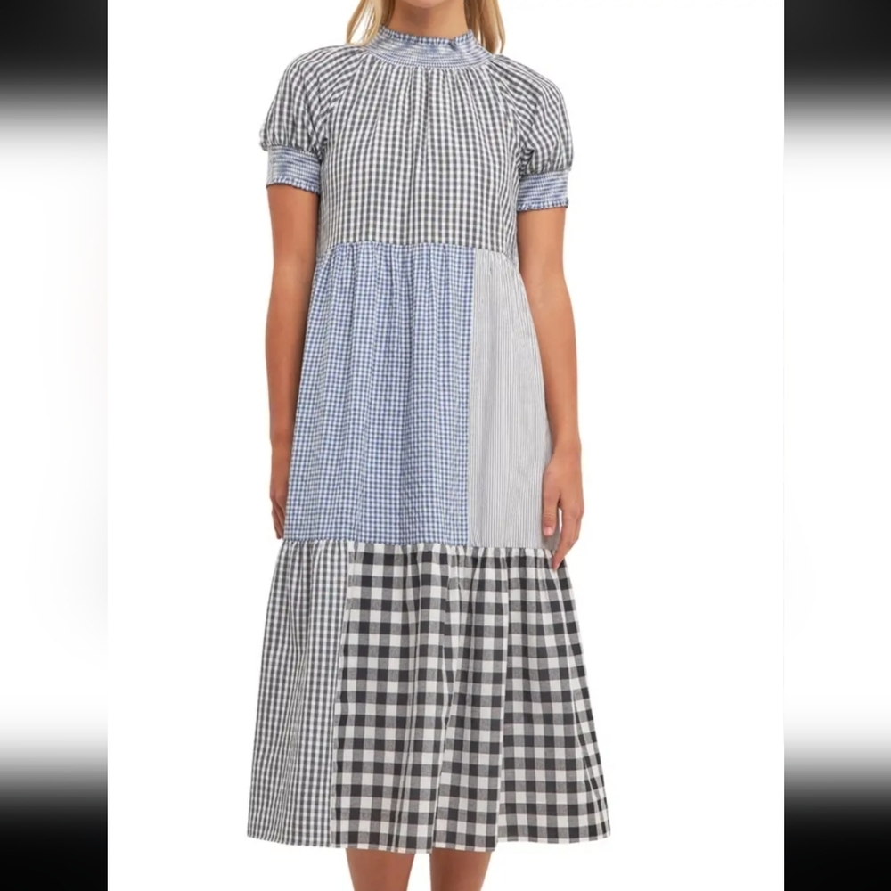 English Factory Blue and White Patchwork Gingham Midi Dress